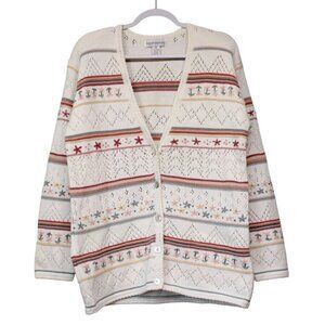 Vintage Cardigan Sweater Oversized Medium Cottagecore Grandma 90s Embroidered